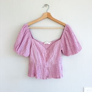 Astr Smocked Puff Bubble Sleeve Sweetheart Neckline Top Purple M